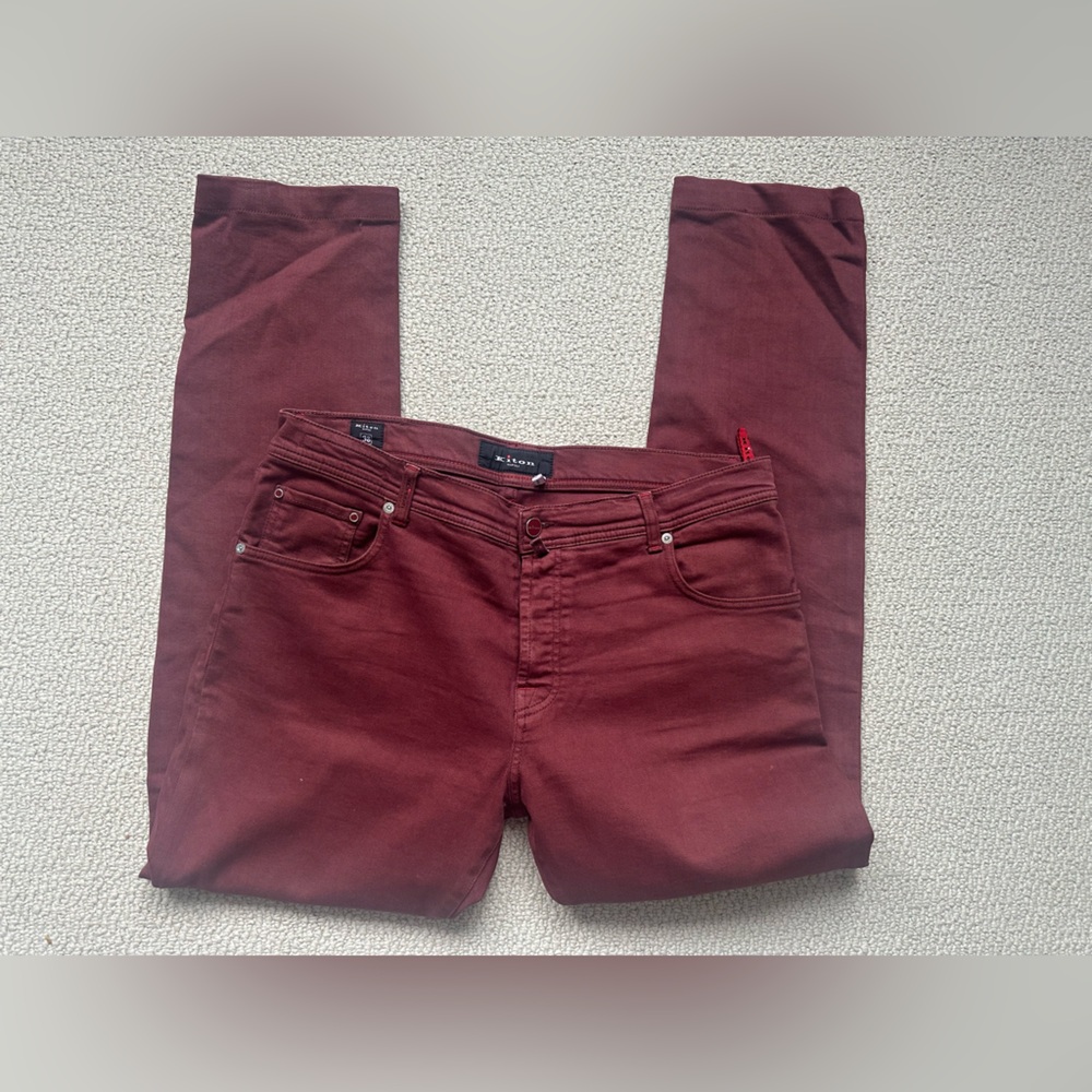 Kiton Napoli Burgundy Luxury Denim Jeans – Size 38 – Italian Tailored Fit –